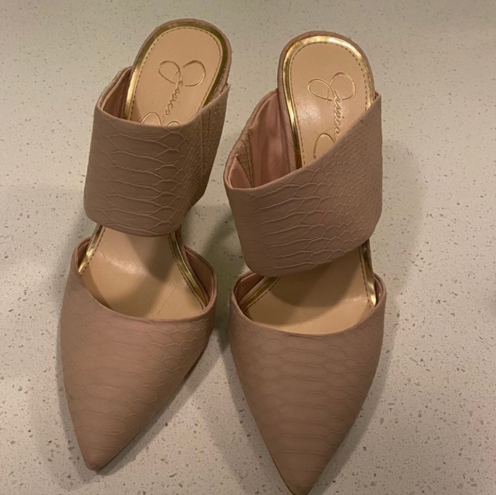 Jessica Simpson Taupe Pointed Toe Mules with Gold Trim